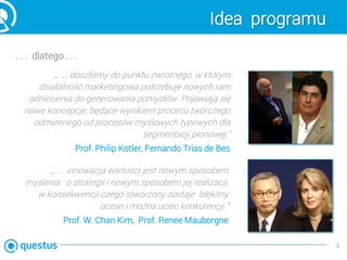 Idea programu
4
. . . dlatego . . .
„. . . doszliśmy do punktu zwrotnego, w którym
działalność marketingowa potrzebuje nowych ram
odniesienia do generowania pomysłów. Pojawiają się
nowe koncepcje, będące wynikiem procesu twórczego
odmiennego od procesów myślowych typowych dla
segmentacji pionowej.”
Prof. Philip Kotler, Fernando Trias de Bes
„. . . innowacja wartości jest nowym sposobem
myślenia o strategii i nowym sposobem jej realizacji,
w konsekwencji czego stworzony zostaje błękitny
ocean i można uciec konkurencji.”
Prof. W. Chan Kim, Prof. Renee Mauborgne
 