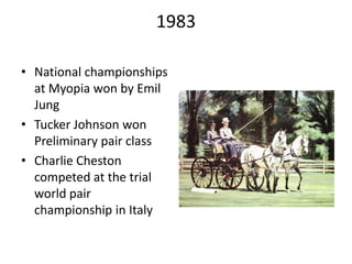 1983
• National championships
at Myopia won by Emil
Jung
• Tucker Johnson won
Preliminary pair class
• Charlie Cheston
competed at the trial
world pair
championship in Italy
 