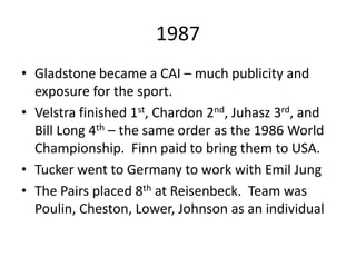 1987
• Gladstone became a CAI – much publicity and
exposure for the sport.
• Velstra finished 1st, Chardon 2nd, Juhasz 3rd, and
Bill Long 4th – the same order as the 1986 World
Championship. Finn paid to bring them to USA.
• Tucker went to Germany to work with Emil Jung
• The Pairs placed 8th at Reisenbeck. Team was
Poulin, Cheston, Lower, Johnson as an individual
 