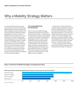 Mobile Technology Is the Next Desktop




Why a Mobility Strategy Matters

In a recent Oxford Economics survey,           The Consumerization                                Furthermore, more than 55% of the
respondents were asked to identify four        of Technology                                   companies allow employees to bring their
digital megatrends that they believe will                                                      personal mobile devices into the office
have the greatest positive impact on the       When it comes to mobile technology,             and will provide some level of support to
business landscape. Mobile technology          employees are driving how they want to          these personal devices. “This is part of a
topped the list, as shown in Figure 1.1        interact with information – and expecting       broader trend that we call the ‘consumer-
Respondents across all sectors, in firms       IT departments to support a wide range of       ization’ of IT in which employees solve
of all sizes, and in both the developed        personal mobile devices and applications.       customer and business problems using
and emerging worlds consistently rated         According to a recent survey of nearly          technology that they master first at home,
mobility technology as a game changer.         2,000 North American and European               such as social media, mobile, and video
In fact, more than 50% of the respon-          companies by Forrester Research Inc.,           services,” notes the Forrester report.4
dents within each sector indicated that        more than 45% of the firms state that              In short, employees want to interact
their firms will invest heavily in mobile      they are focused on supporting more             with business data as easily and as intui-
technologies over the next five years.2        mobile applications for employees who           tively as they use Twitter or Facebook.
As smartphone penetration and adop-            work outside of the office.3 In addition,
tion rates soar, handheld devices are          43% of the companies are planning to
poised to eclipse the desktop and laptop       support more mobile devices or smart-
as must-have technologies.                     phones for their employees.




Figure 1: Importance of Mobile Technology in Driving Business Value



Which do you believe will have the greatest positive impact on your business over the next five years?

Mobile technology
Business intelligence
Cloud computing
Social media

                                   0%             10%              20%              30%              40%            50%             60%
Source: Oxford Economics
 