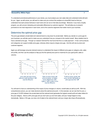 DemandTec White Paper                                                                                                          7



To understand promotional performance in your stores, you must analyze your own sales data and understand what will work
for you. Again, as with prices, you will want to make sure you conduct this analysis at a store/SKU level so that you
understand how each product behaves in each store and can act on that data accordingly. Moreover, if you have a loyalty
program, you will uncover interesting and actionable differences by customer segment. This will allow you to pinpoint
promotions to be most responsive in each store, and to the customer segments that matter most to your business.


Determine the optimal price gap
The price gap between private label and national brand is a key lever for private label. Before you decide on a price gap for
your business, you will also want to make sure you understand how you compare to the market overall. Many retailers look to
have a standard price gap. Through our research DemandTec has found that this is a costly approach. In fact, some products
and categories can support smaller price gaps, whereas others require a larger price gap. And this will vary by store and
customer segment.


Again you will leverage consumer demand science to understand the impact of different price gaps on category units, sales
and profits, and then use this analysis to help you find the optimal price point to maximize for your goal (profit, sales or
volume).




You will want to have an understanding of the impact of price changes on volume, overall sales as well as profit. With this
comprehensive picture, you can make decisions about the optimal price point. In this example, we can see that for juice, a
price gap of 10-20% between the private label and the national brand generates the highest overall profit and sales dollars for
the juice category. Above a 20% price gap and you don’t pick up a lot more sales, and your margin begins to drop
dramatically. Below a 10% gap, you lose a lot of sales to the national brand, and your margin also drops off precipitously.




                                                                                 Copyright © 2010, DemandTec, Inc. All rights reserved.
 