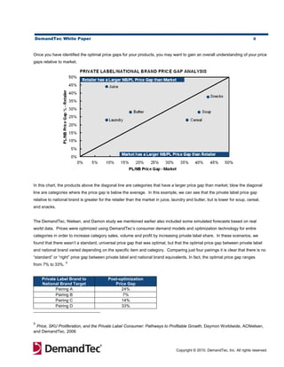 DemandTec White Paper                                                                                                          8



Once you have identified the optimal price gaps for your products, you may want to gain an overall understanding of your price
gaps relative to market.




In this chart, the products above the diagonal line are categories that have a larger price gap than market; blow the diagonal
line are categories where the price gap is below the average. In this example, we can see that the private label price gap
relative to national brand is greater for the retailer than the market in juice, laundry and butter, but is lower for soup, cereal,
and snacks.


The DemandTec, Nielsen, and Damon study we mentioned earlier also included some simulated forecasts based on real
world data. Prices were optimized using DemandTec’s consumer demand models and optimization technology for entire
categories in order to increase category sales, volume and profit by increasing private label share. In these scenarios, we
found that there wasn’t a standard, universal price gap that was optimal, but that the optimal price gap between private label
and national brand varied depending on the specific item and category. Comparing just four pairings it is clear that there is no
“standard” or “right” price gap between private label and national brand equivalents. In fact, the optimal price gap ranges
                  9
from 7% to 33%.


    Private Label Brand to                 Post-optimization
    National Brand Target                     Price Gap
           Pairing A                             24%
           Pairing B                              7%
           Pairing C                             14%
           Pairing D                             33%



9
 Price, SKU Proliferation, and the Private Label Consumer: Pathways to Profitable Growth, Daymon Worldwide, ACNielsen,
and DemandTec, 2006



                                                                                  Copyright © 2010, DemandTec, Inc. All rights reserved.
 
