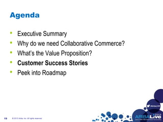 #AribaLIVE
Agenda
• Executive Summary
• Why do we need Collaborative Commerce?
• What’s the Value Proposition?
• Customer Success Stories
• Peek into Roadmap
19 © 2013 Ariba, Inc. All rights reserved.
 