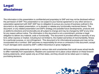 #AribaLIVE
The information in this presentation is confidential and proprietary to SAP and may not be disclosed without
the permission of SAP. This presentation is not subject to your license agreement or any other service or
subscription agreement with SAP. SAP has no obligation to pursue any course of business outlined in this
document or any related presentation, or to develop or release any functionality mentioned therein. This
document, or any related presentation and SAP's strategy and possible future developments, products and
or platforms directions and functionality are all subject to change and may be changed by SAP at any time
for any reason without notice. The information in this document is not a commitment, promise or legal
obligation to deliver any material, code or functionality. This document is provided without a warranty of any
kind, either express or implied, including but not limited to, the implied warranties of merchantability, fitness
for a particular purpose, or non-infringement. This document is for informational purposes and may not be
incorporated into a contract. SAP assumes no responsibility for errors or omissions in this document, except
if such damages were caused by SAP´s willful misconduct or gross negligence.
All forward-looking statements are subject to various risks and uncertainties that could cause actual results
to differ materially from expectations. Readers are cautioned not to place undue reliance on these forward-
looking statements, which speak only as of their dates, and they should not be relied upon in making
purchasing decisions.
Legal
disclaimer
 