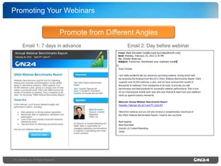 Promoting Your Webinars!
Promote from Different Angles!
Email 1: 7 days in advance !

16 | ©ON24, Inc. All Rights Reserved.!

Email 2: Day before webinar!

 