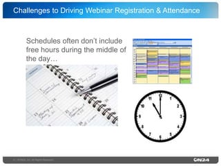 Challenges to Driving Webinar Registration & Attendance !

Schedules often don’t include
free hours during the middle of
the day…!

4 | ©ON24, Inc. All Rights Reserved.!

 