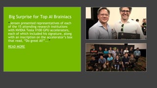 “Jensen presented representatives of each
of the 15 attending research institutions
with NVIDIA Tesla V100 GPU accelerators,
each of which included his signature, along
with an inscription on the accelerator’s box
that read, “Do great AI!”...”
READ MORE
Big Surprise for Top AI Brainiacs
 