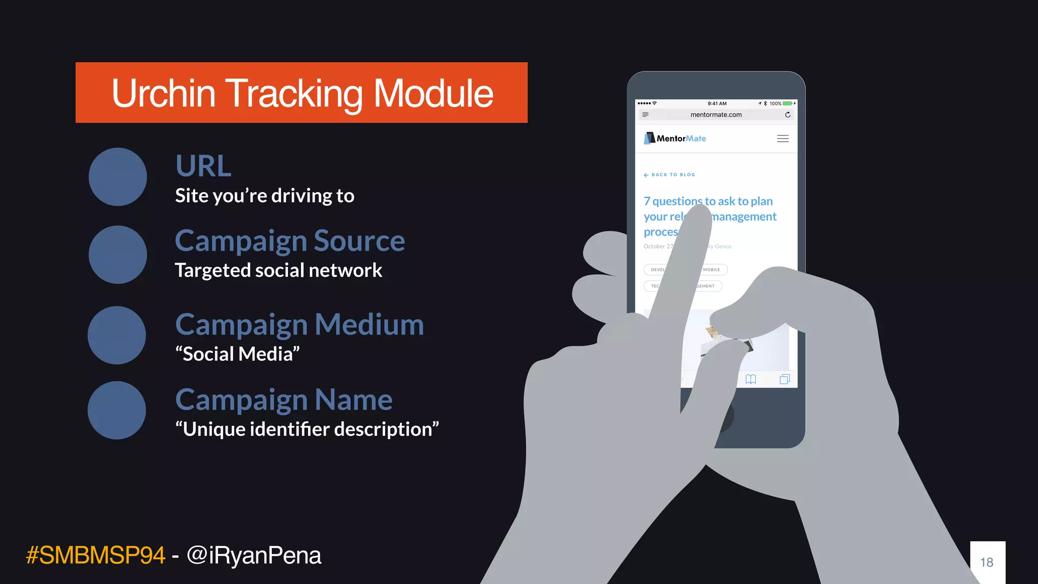 #SMBMSP94 - @iRyanPena
URL
Site you’re driving to
Campaign Source
Targeted social network
Campaign Medium
“Social Media”
Urchin Tracking Module
18
Campaign Name
“Unique identiﬁer description”
 