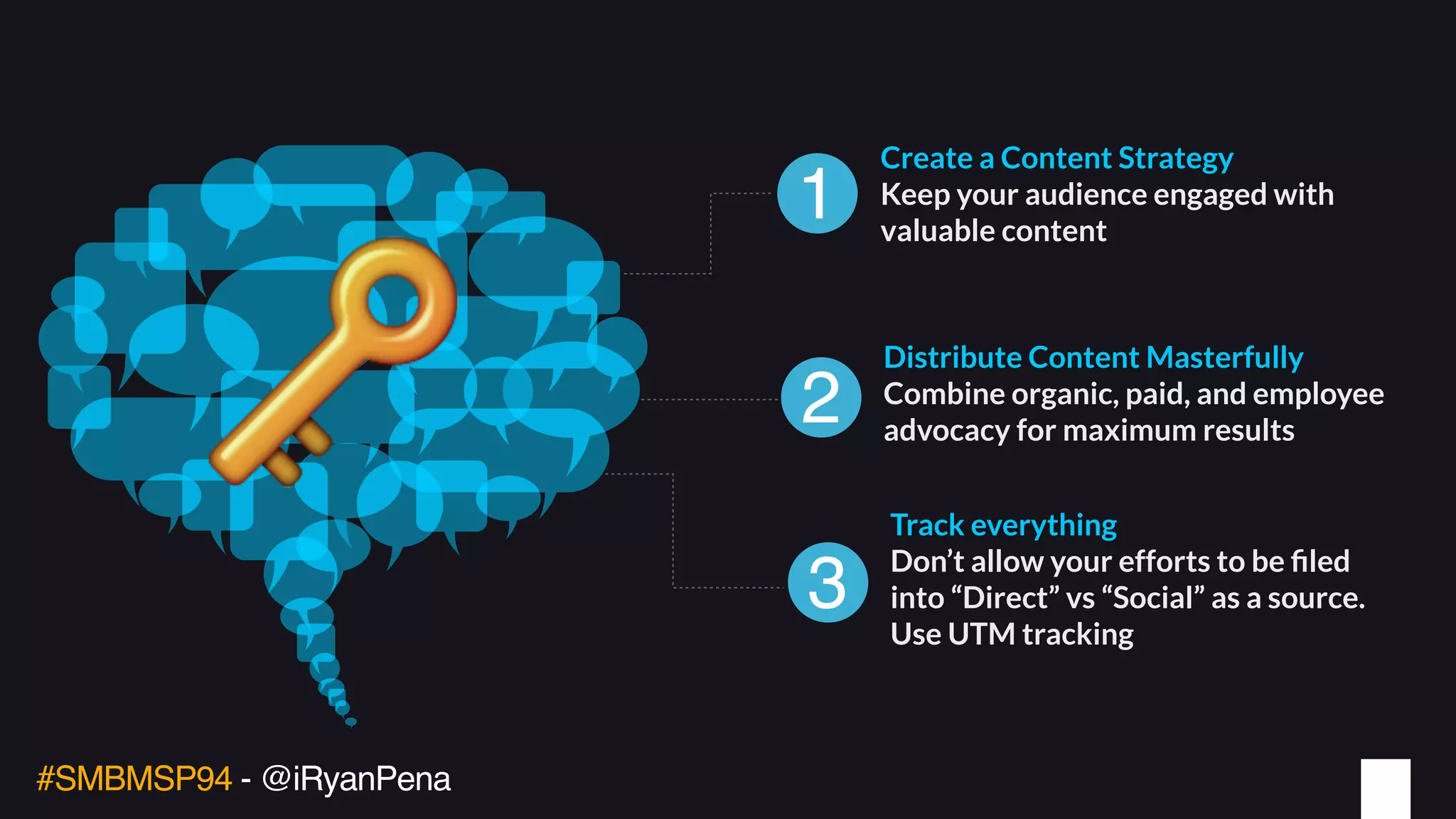 #SMBMSP94 - @iRyanPena
🔑
Create a Content Strategy
Keep your audience engaged with
valuable content
1
2
Distribute Content Masterfully
Combine organic, paid, and employee
advocacy for maximum results
3
Track everything
Don’t allow your efforts to be ﬁled
into “Direct” vs “Social” as a source.
Use UTM tracking
 