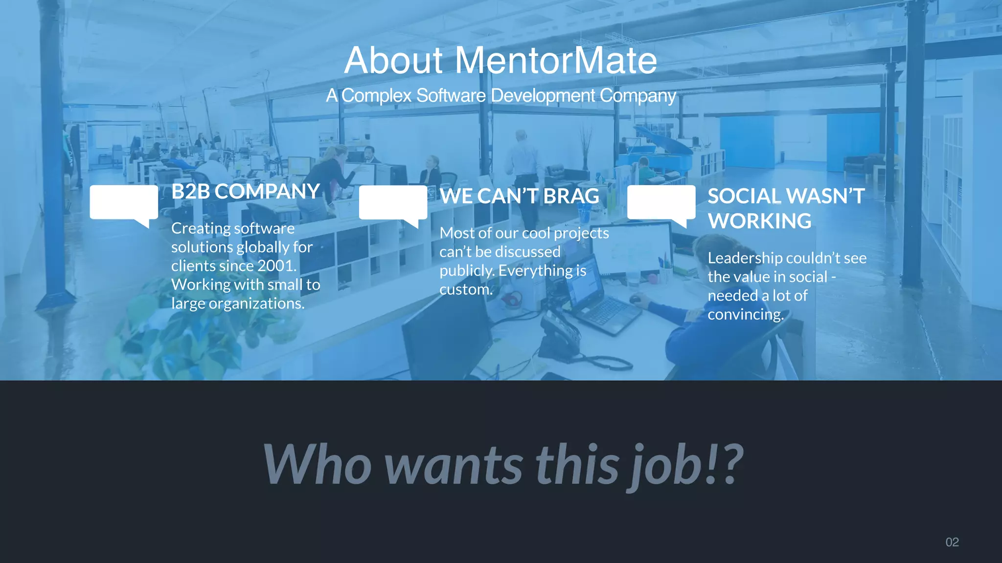 SocMed PRO - Presentation Name Goes Here
About MentorMate
A Complex Software Development Company
B2B COMPANY
Creating software
solutions globally for
clients since 2001.
Working with small to
large organizations.
WE CAN’T BRAG
Most of our cool projects
can’t be discussed
publicly. Everything is
custom.
SOCIAL WASN’T
WORKING
Leadership couldn’t see
the value in social -
needed a lot of
convincing.
Who wants this job!?
02
 