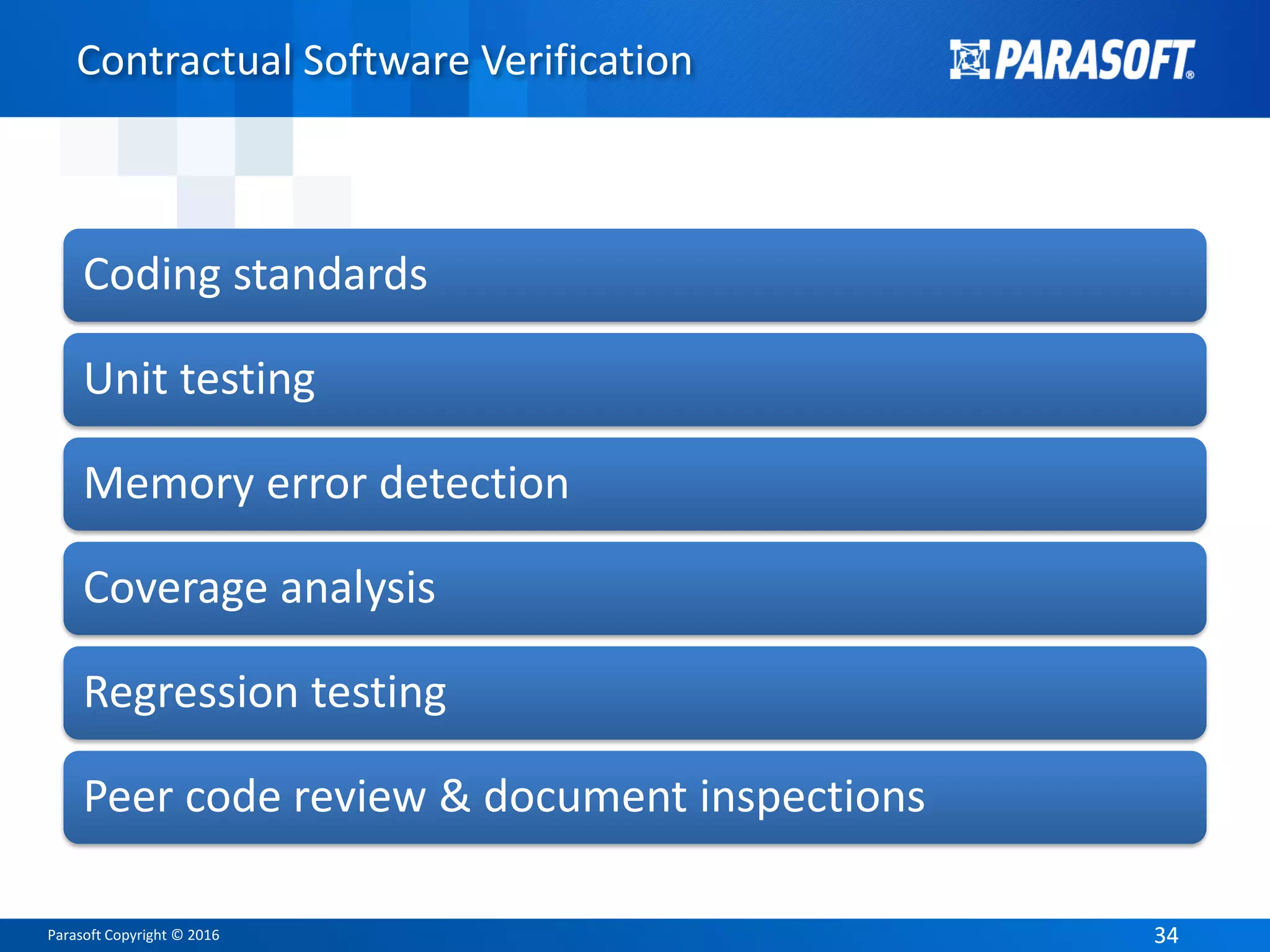 Parasoft Copyright © 2016 3434
Contractual Software Verification
Coding standards
Unit testing
Memory error detection
Coverage analysis
Regression testing
Peer code review & document inspections
 