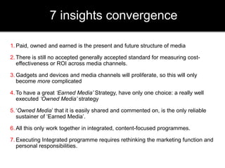 7 insights convergence 
1. Paid, owned and earned is the present and future structure of media 
2. There is still no accepted generally accepted standard for measuring cost-effectiveness 
or ROI across media channels. 
3. Gadgets and devices and media channels will proliferate, so this will only 
become more complicated 
4. To have a great ‘Earned Media’ Strategy, have only one choice: a really well 
executed ‘Owned Media’ strategy 
5. ‘Owned Media’ that it is easily shared and commented on, is the only reliable 
sustainer of ‘Earned Media’. 
6. All this only work together in integrated, content-focused programmes. 
7. Executing Integrated programme requires rethinking the marketing function and 
personal responsibilities. 
 