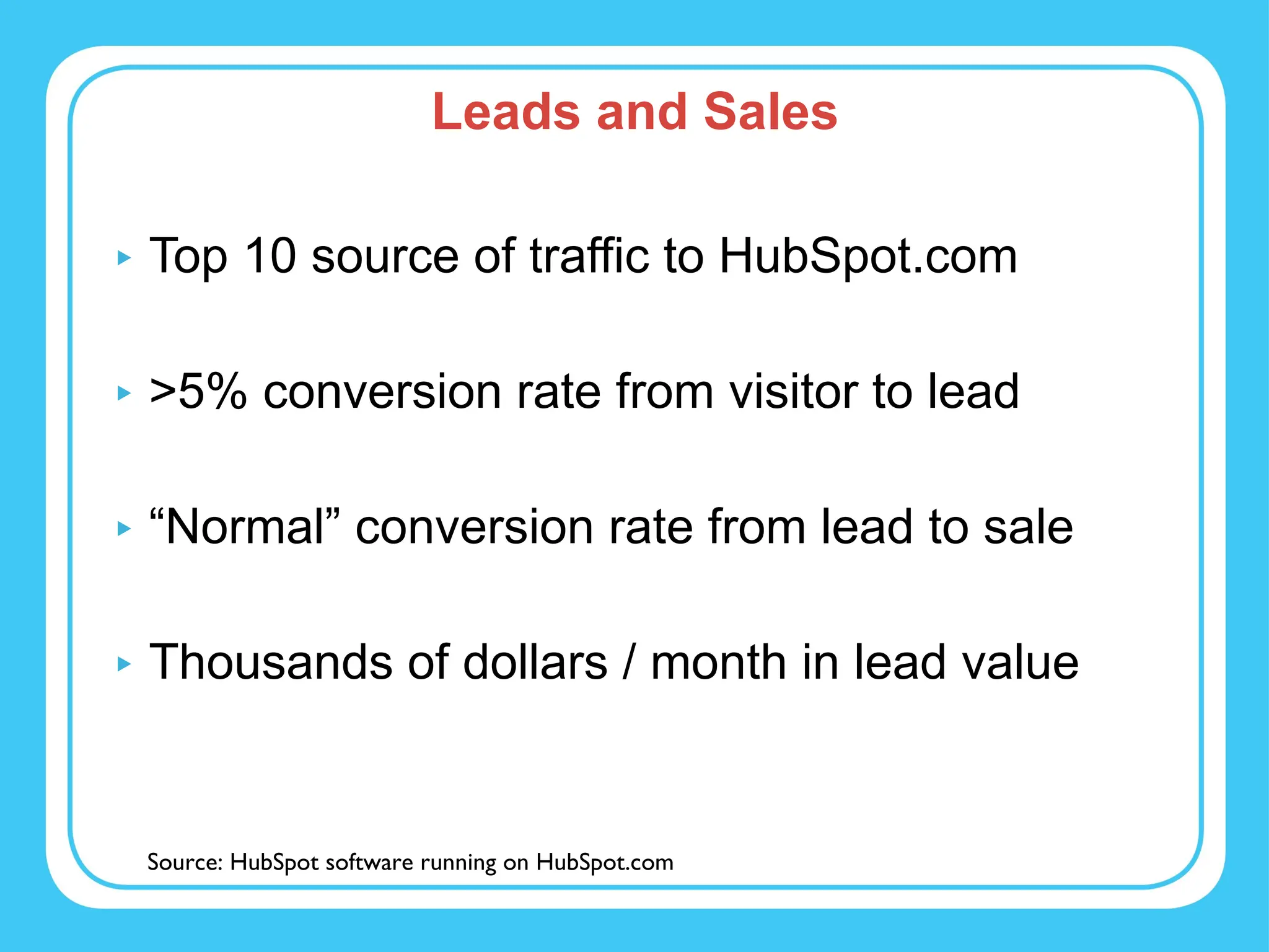 Leads and Sales Top 10 source of traffic to HubSpot.com >5% conversion rate from visitor to lead “ Normal” conversion rate from lead to sale Thousands of dollars / month in lead value Source: HubSpot software running on HubSpot.com 