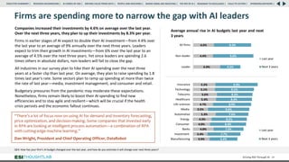 Firms are spending more to narrow the gap with AI leaders
Companies increased their investments by 4.6% on average over the last year.
Over the next three years, they plan to up their investments by 8.3% per year.
Firms in earlier stages of AI expect to double their AI investment—from 4.4% over
the last year to an average of 9% annually over the next three years. Leaders
expect to trim their growth in AI investments—from 6% over the last year to an
average of 4.5% over the next three years. Yet since leaders are spending 2.6
times others in absolute dollars, non-leaders will fail to close the gap.
All industries in our survey plan to hike their AI spending over the next three
years at a faster clip than last year. On average, they plan to raise spending by 1.8
times last year’s rate. Some sectors plan to ramp up spending at more than twice
the rate of last year—media, investment management, and consumer and retail.
Budgetary pressures from the pandemic may moderate these expectations.
Nonetheless, firms remain likely to boost their AI spending to find new
efficiencies and to stay agile and resilient—which will be crucial if the health
crisis persists and the economic fallout continues.
Driving ROI Through AI 44
3.9%
3.4%
4.8%
4.0%
4.3%
5.3%
3.5%
4.7%
5.4%
5.6%
5.1%
5.2%
6.4%
7.7%
7.0%
8.4%
8.2%
7.6%
9.6%
8.9%
8.4%
8.3%
9.1%
9.9%
Manufacturing
Investment
Banks
Consumer
Energy
Automotive
Media
Life sciences
Healthcare
Telecoms
Technology
Insurance
Last year
Next 3 years
QE4: How has your firm’s AI budget changed over the last year, and how do you estimate it will change over next three years?
6.0%
4.4%
4.6%
4.5%
9.0%
8.3%
Leader
Non-leader
All firms
Average annual rise in AI budgets last year and next
3 years
Last year
Next 3 years
“There’s a lot of focus now on using AI for demand and inventory forecasting,
price optimization, and decision-making. Some companies that invested early
in RPA are looking at intelligent process automation—a combination of RPA
with cutting-edge machine learning.”
Dan Wright, President and Chief Operating Officer, DataRobot
RESEARCH BACKGROUND | AI COMES OF AGE | DRIVING VALUE FROM DATA | PEOPLE AND MACHINES | WHERE FIRMS ARE INVESTING | THE ROI OF AI | CALLS TO ACTION | SPONSORS/ADVISORS |
ROADMAP TO EXCELLENCE |
EXECUTIVE SUMMARY |
 