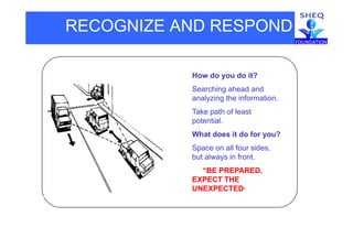 RECOGNIZE AND RESPOND
How do you do it?
Searching ahead and
l i th i f tianalyzing the information.
Take path of least
potential.p
What does it do for you?
Space on all four sides,
but always in front.
“BE PREPARED.
EXPECT THEEXPECT THE
UNEXPECTED”
 