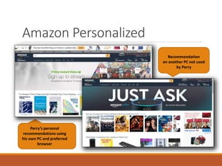 Amazon Personalized
Perry’s personal
recommendations using
his own PC and preferred
browser
Recommendation
on another PC not used
by Perry
 