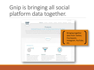 Gnip is bringing all social
platform data together.
Bringing together
data from Twitter,
Foursquare,
Instagram, YouTube,
etc.
 