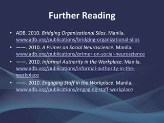 Further Reading
• ADB. 2010. Bridging Organizational Silos. Manila.
www.adb.org/publications/bridging-organizational-silos
• ——. 2010. A Primer on Social Neuroscience. Manila.
www.adb.org/publications/primer-on-social-neuroscience
• ——. 2010. Informal Authority in the Workplace. Manila.
www.adb.org/publications/informal-authority-in-the-
workplace
• ——. 2010. Engaging Staff in the Workplace. Manila.
www.adb.org/publications/engaging-staff-workplace
 