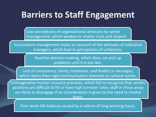 Barriers to Staff Engagement
Low perceptions of organizational advocacy by senior
management, which weaken or shatter trust and respect.
Inconsistent management styles on account of the attitudes of individual
managers, which lead to perceptions of unfairness.
Reactive decision making, which does not pick up
problems until it is too late.
Lack of consistency, clarity, timeliness, and fluidity in messages,
which stems from rigid communication channels or cultural norms.
Unimaginative human resource practices, which fail to recognize that certain
positions are difficult to fill or have high turnover rates: staff in these areas
are likely to disengage if no consideration is given to the need to involve
them.
Poor work–life balance caused by a culture of long working hours.
 