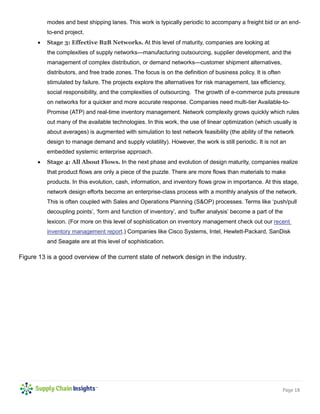 Page 18
modes and best shipping lanes. This work is typically periodic to accompany a freight bid or an end-
to-end project.
 Stage 3: Effective B2B Networks. At this level of maturity, companies are looking at
the complexities of supply networks—manufacturing outsourcing, supplier development, and the
management of complex distribution, or demand networks—customer shipment alternatives,
distributors, and free trade zones. The focus is on the definition of business policy. It is often
stimulated by failure. The projects explore the alternatives for risk management, tax efficiency,
social responsibility, and the complexities of outsourcing. The growth of e-commerce puts pressure
on networks for a quicker and more accurate response. Companies need multi-tier Available-to-
Promise (ATP) and real-time inventory management. Network complexity grows quickly which rules
out many of the available technologies. In this work, the use of linear optimization (which usually is
about averages) is augmented with simulation to test network feasibility (the ability of the network
design to manage demand and supply volatility). However, the work is still periodic. It is not an
embedded systemic enterprise approach.
 Stage 4: All About Flows. In the next phase and evolution of design maturity, companies realize
that product flows are only a piece of the puzzle. There are more flows than materials to make
products. In this evolution, cash, information, and inventory flows grow in importance. At this stage,
network design efforts become an enterprise-class process with a monthly analysis of the network.
This is often coupled with Sales and Operations Planning (S&OP) processes. Terms like ‘push/pull
decoupling points’, ‘form and function of inventory’, and ‘buffer analysis’ become a part of the
lexicon. (For more on this level of sophistication on inventory management check out our recent
inventory management report.) Companies like Cisco Systems, Intel, Hewlett-Packard, SanDisk
and Seagate are at this level of sophistication.
Figure 13 is a good overview of the current state of network design in the industry.
 