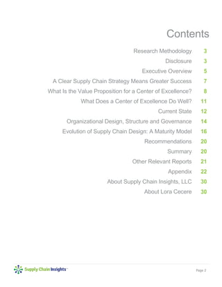 Page 2
Contents
Research Methodology
Disclosure
Executive Overview
A Clear Supply Chain Strategy Means Greater Success
What Is the Value Proposition for a Center of Excellence?
What Does a Center of Excellence Do Well?
Current State
Organizational Design, Structure and Governance
Evolution of Supply Chain Design: A Maturity Model
Recommendations
Summary
Other Relevant Reports
Appendix
About Supply Chain Insights, LLC
About Lora Cecere
3
3
5
7
8
11
12
14
16
20
20
21
22
30
30
 