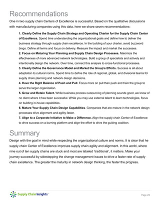 Page 20
Recommendations
One in two supply chain Centers of Excellence is successful. Based on the qualitative discussions
with manufacturing companies using this data, here we share seven recommendations:
1. Clearly Define the Supply Chain Strategy and Operating Charter for the Supply Chain Center
of Excellence. Spend time understanding the organizational goals and define how to deliver the
business strategy through supply chain excellence. In the building of your charter, avoid buzzword
bingo. Define all terms and focus on delivery. Measure the impact and market the successes.
2. Focus on Maturing Your Planning and Supply Chain Design Processes. Maximize the
effectiveness of more advanced network technologies. Build a group of specialists and actively and
intentionally design the network. Over time, connect this analysis to cross-functional processes.
3. Clearly Define the Governance Model and Market the Group’s Efforts. Success is all about
adaptation to cultural norms. Spend time to define the role of regional, global, and divisional teams for
supply chain planning and network design decisions.
4. Have the Right Balance of Push and Pull. Focus more on pull than push and train the group to
serve the larger organization.
5. Grow and Retain Talent. While business process outsourcing of planning sounds good, we know of
no client where it has been successful. While you may use external talent to learn technologies, focus
on building in-house capabilities.
6. Mature Your Supply Chain Design Capabilities. Companies that are mature in the network design
processes drive alignment and agility faster.
7. Align to a Corporate Initiative to Make a Difference. Align the supply chain Center of Excellence
to drive success on a burning platform and align the effort to drive the guiding coalition.
Summary
Design with the goal in mind while respecting the organizational culture and norms. It is clear that he
supply chain Center of Excellence improves supply chain agility and alignment. In this world, where
nine out of ten supply chains are stuck and most are labeled ‘traditional’, it matters. Make your
journey successful by sidestepping the change management issues to drive a faster rate of supply
chain excellence. The greater the maturity in network design thinking, the faster the progress.
 