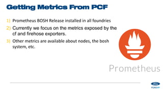 Getting Metrics From PCF
1) Prometheus BOSH Release installed in all foundries
2) Currently we focus on the metrics exposed by the
cf and firehose exporters.
3) Other metrics are available about nodes, the bosh
system, etc.
 