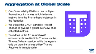 Aggregation at Global Scale
1) Our Observability Platform has multiple
Prometheus instances which federate
metrics from the Prometheus instances in
the foundries
2) We utilize the CNCF Sandbox Project
Thanos to give us a global overview of all
collected metrics.
3) Foundries in the Azure and AWS
environments are tied into Thanos via the
Thanos Sidecar service, while the egress
only on prem instances utilize Thanos
Receive for remote write.
 