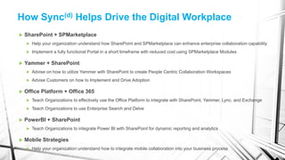 SharePoint + SPMarketplace
 Help your organization understand how SharePoint and SPMarketplace can enhance enterprise collaboration capability
 Implement a fully functional Portal in a short timeframe with reduced cost using SPMarketplace Modules
 Yammer + SharePoint
 Advise on how to utilize Yammer with SharePoint to create People Centric Collaboration Workspaces
 Advise Customers on how to Implement and Drive Adoption
 Office Platform + Office 365
 Teach Organizations to effectively use the Office Platform to integrate with SharePoint, Yammer, Lync, and Exchange
 Teach Organizations to use Enterprise Search and Delve
 PowerBI + SharePoint
 Teach Organizations to integrate Power BI with SharePoint for dynamic reporting and analytics
 Mobile Strategies
 Help your organization understand how to integrate mobile collaboration into your business process
How Sync(d) Helps Drive the Digital Workplace
 
