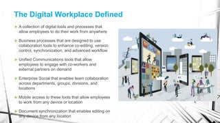 The Digital Workplace Defined
 A collection of digital tools and processes that
allow employees to do their work from anywhere
 Business processes that are designed to use
collaboration tools to enhance co-editing, version
control, synchronization, and advanced workflow
 Unified Communications tools that allow
employees to engage with co-workers and
external partners on demand
 Enterprise Social that enables team collaboration
across departments, groups, divisions, and
locations
 Mobile access to these tools that allow employees
to work from any device or location
 Document synchronization that enables editing on
any device from any location
 