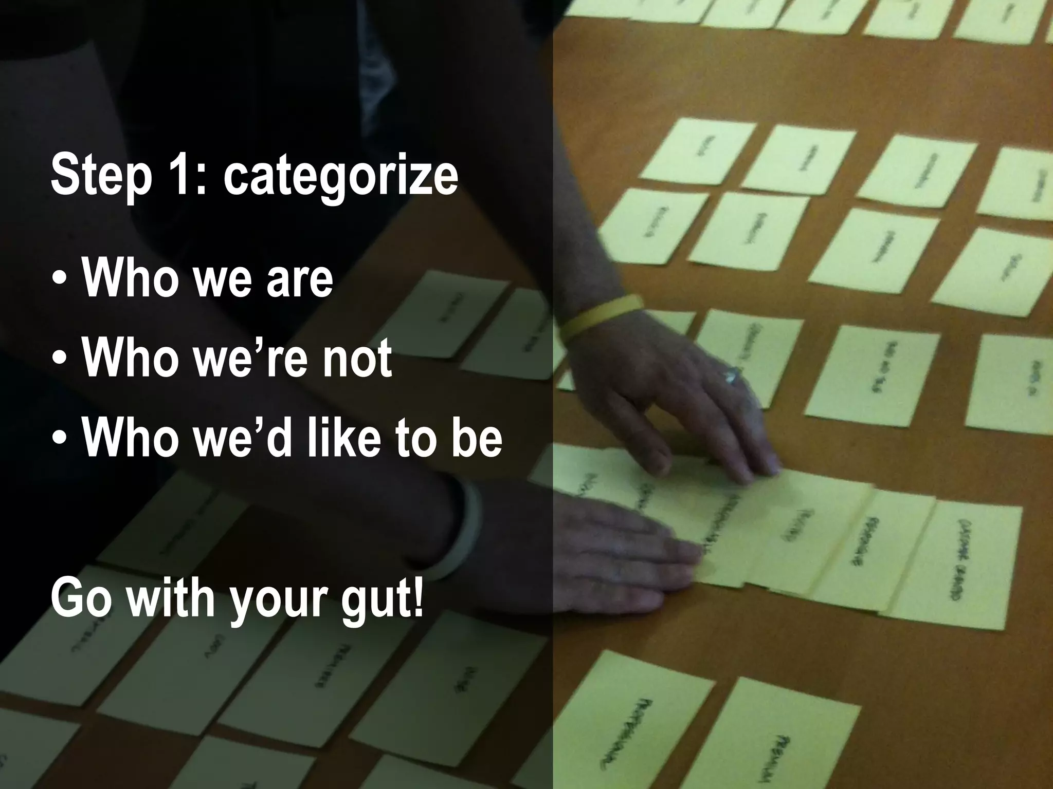 56 #UXLondon | @mbloomstein
• Who we are
• Who we’re not
• Who we’d like to be
Go with your gut!
Step 1: categorize
 
