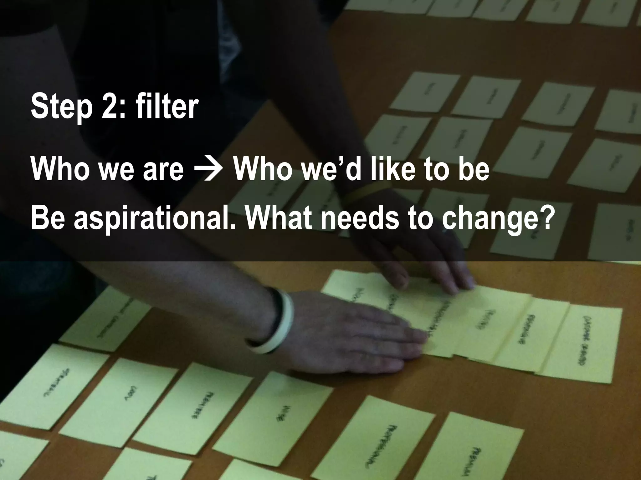 57 #UXLondon | @mbloomstein
Who we are  Who we’d like to be
Be aspirational. What needs to change?
Step 2: filter
 