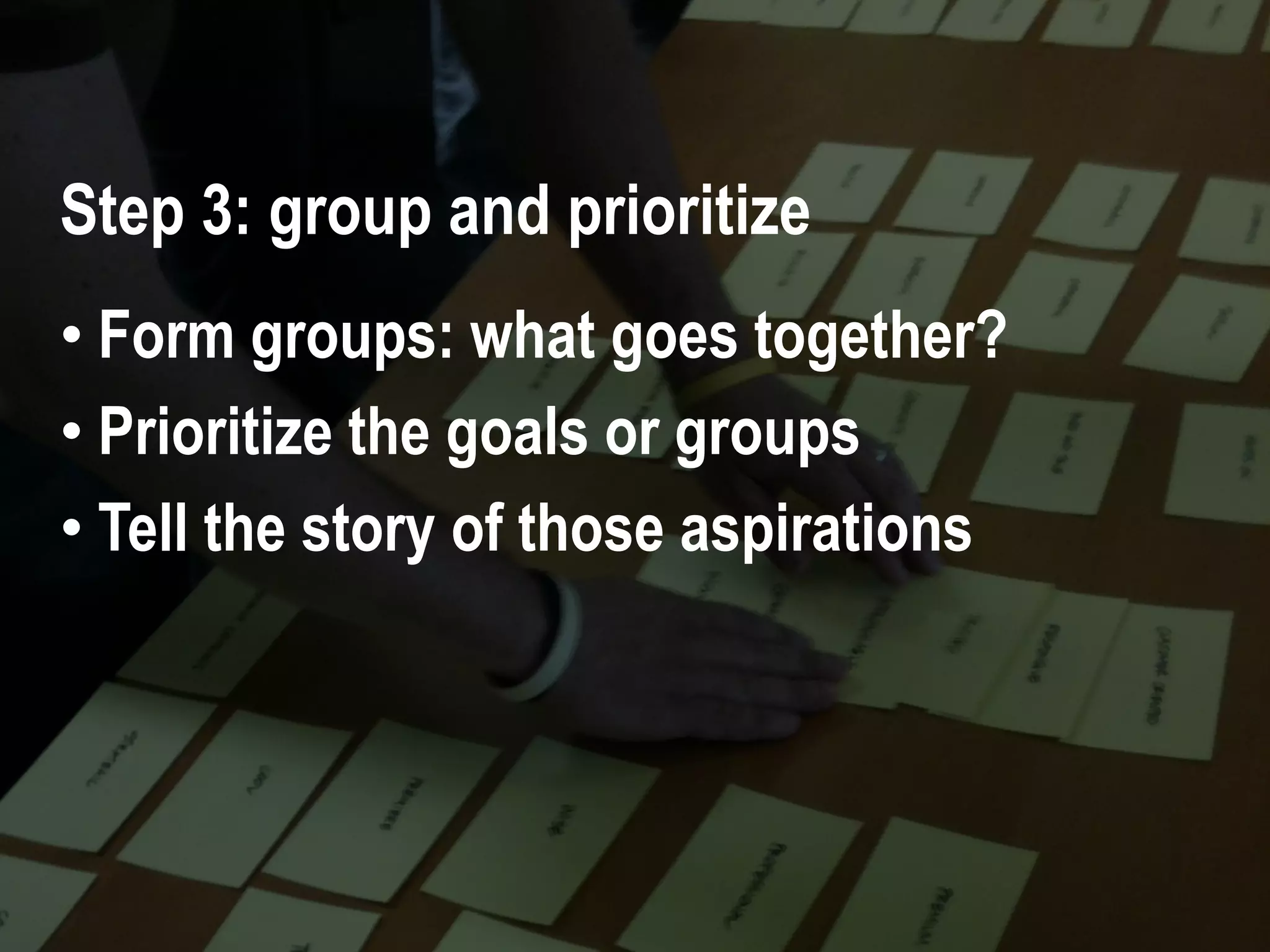 58 #UXLondon | @mbloomstein
• Form groups: what goes together?
• Prioritize the goals or groups
• Tell the story of those aspirations
Step 3: group and prioritize
 