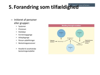 5.Forandring som tilfældighed
– Initieret af personer
eller grupper:
• Systemer
• Processer
• Politikker
• Forretningsgange
• Arbejdsgange
• Person udskiftninger
• Beslutningsprocesser
• Parallel til anarkistiske
beslutningsmodeller
 