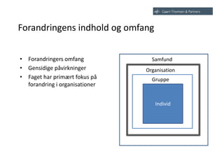 Forandringens indhold og omfang
• Forandringers omfang
• Gensidige påvirkninger
• Faget har primært fokus på
forandring i organisationer
Individ
Gruppe
Organisation
Samfund
 