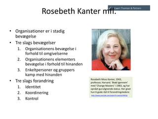 Rosebeth Kanter mfl.
• Organisationer er i stadig
bevægelse
• Tre slags bevægelser
1. Organisationens bevægelse i
forhold til omgivelserne
2. Organisationens elementers
bevægelse i forhold til hinanden
3. Enkeltpersoner og gruppers
kamp med hinanden
• Tre slags forandring
1. Identitet
2. Koordinering
3. Kontrol
Rosabeth Moss Kanter, 1943,
professor, Harvard. ‘Brød igennem’
med ‘Change Masters’ i 1983, og har
opnået gurulignende status. Her giver
hun 6 gode råd til forandringsledere:
http://www.youtube.com/watch?v=owU5aTNPJbs
 