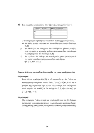 14
3.6 Ένα σωµατίδιο κινείται πάνω στον άξονα των τετµηµένων (των t)
Χρόνος t σε sec Θέση x(t) σε m
0 2
2 4
5 7
Ο πίνακας δείχνει τη θέση του σωµατιδίου σε τρεις χρονικές στιγµές.
α) Να βρείτε η µέση ταχύτητα του σωµατιδίου στο χρονικό διάστηµα
[0, 5]
β) Να αποδείξετε ότι υπάρχουν δύο τουλάχιστον χρονικές στιγµές
κατά τις οποίες η στιγµιαία ταχύτητα του σωµατιδίου είναι ίση µε
τη µέση ταχύτητα στο διάστηµα [0, 5].
γ) Να εξετάσετε αν υπάρχει µία τουλάχιστον χρονική στιγµή κατά
την οποία η επιτάχυνση του σωµατιδίου µηδενίζεται.
(βλ. [13], σελ. 11-12)
Θέµατα Ανάλυσης που αναδεικνύουν το ρόλο της γεωµετρικής εποπτείας
Παράδειγµα 1
Έστω κύκλος µε κέντρο ( ),0Κ α , 0α ≠ , και ακτίνα ρ. Αν f είναι µια
παραγωγίσιµη συνάρτηση τέτοια, ώστε ( ) ( ) 0f α ρ f α ρ− = + = και η
γραφική της παράσταση έχει µε τον κύκλο ακόµη ένα τουλάχιστον
κοινό σηµείο, να αποδείξετε ότι υπάρχουν ( )1 2, ,ξ ξ α ρ α ρ∈ − + µε
( ) ( )1 2 1f ξ f ξ′ ′⋅ = − .
Παράδειγµα 2
Μία συνάρτηση ƒ είναι συνεχής και γνησίως φθίνουσα στο » . Υπάρχει
περίπτωση η γραφική της παράσταση να µην τέµνει τον φορέα της διχοτό-
µου της πρώτης ορθής γωνίας των αξόνων; Να αποδείξετε την εικασία σας.
 
