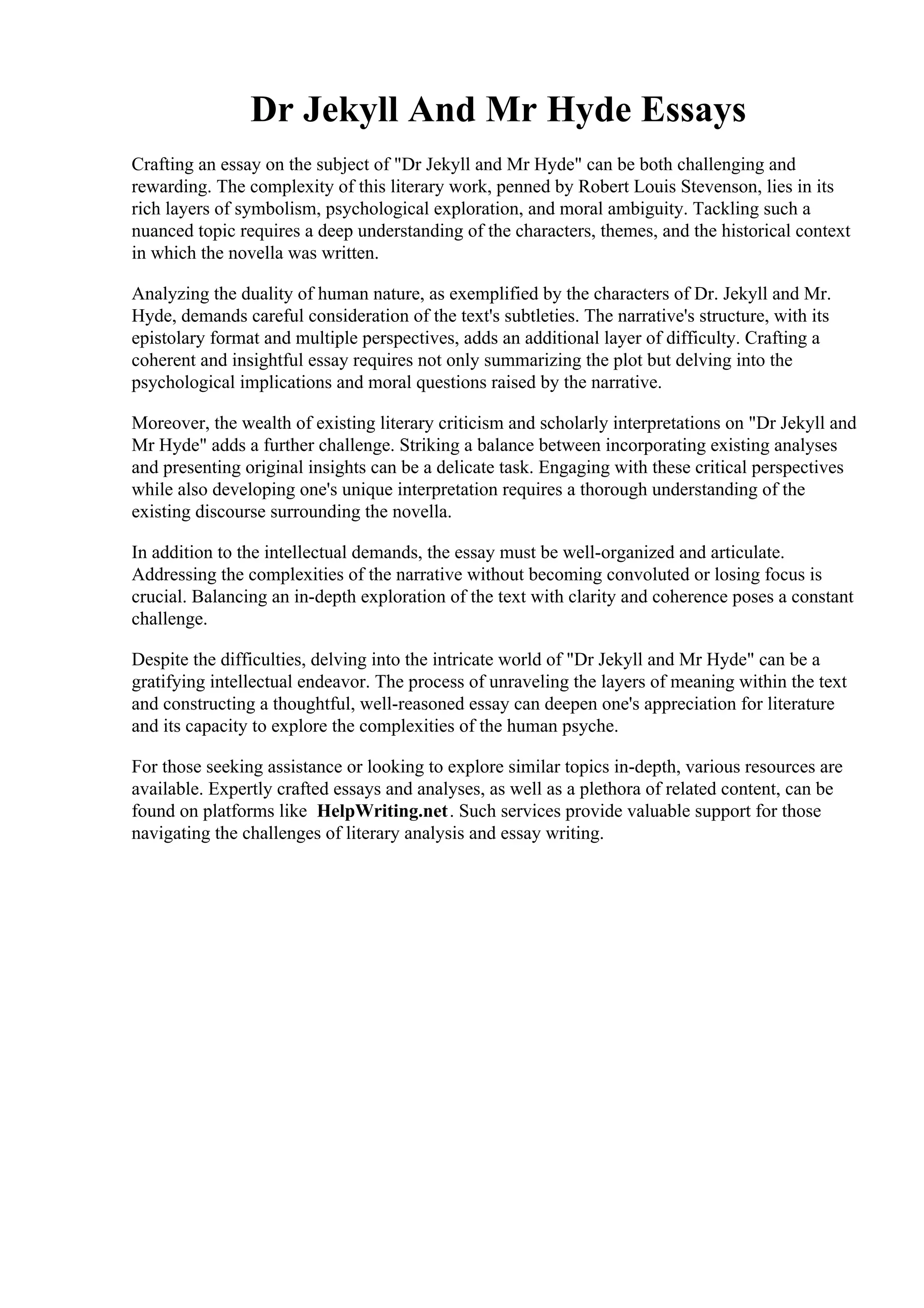 Dr Jekyll And Mr Hyde Essays PDF