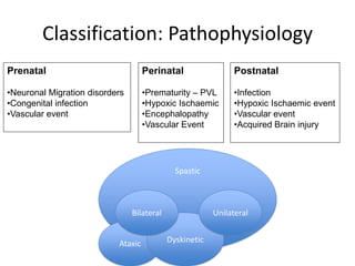 Classification: Pathophysiology
Prenatal                            Perinatal                  Postnatal

•Neuronal Migration disorders       •Prematurity – PVL         •Infection
•Congenital infection               •Hypoxic Ischaemic         •Hypoxic Ischaemic event
•Vascular event                     •Encephalopathy            •Vascular event
                                    •Vascular Event            •Acquired Brain injury




                                              Spastic



                                Bilateral                Unilateral


                           Ataxic           Dyskinetic
 