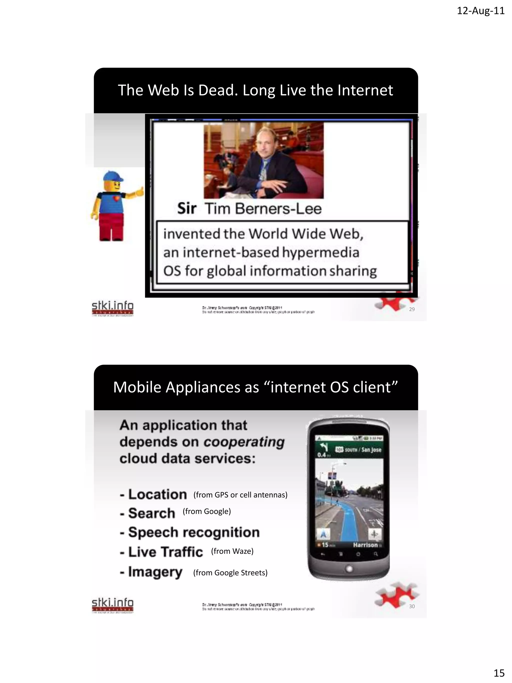 12-Aug-11




The Web Is Dead. Long Live the Internet




                               `




                                            29




Mobile Appliances as “internet OS client”




            (from GPS or cell antennas)
                               `
          (from Google)



                 (from Waze)

            (from Google Streets)


                                            30




                                                       15
 