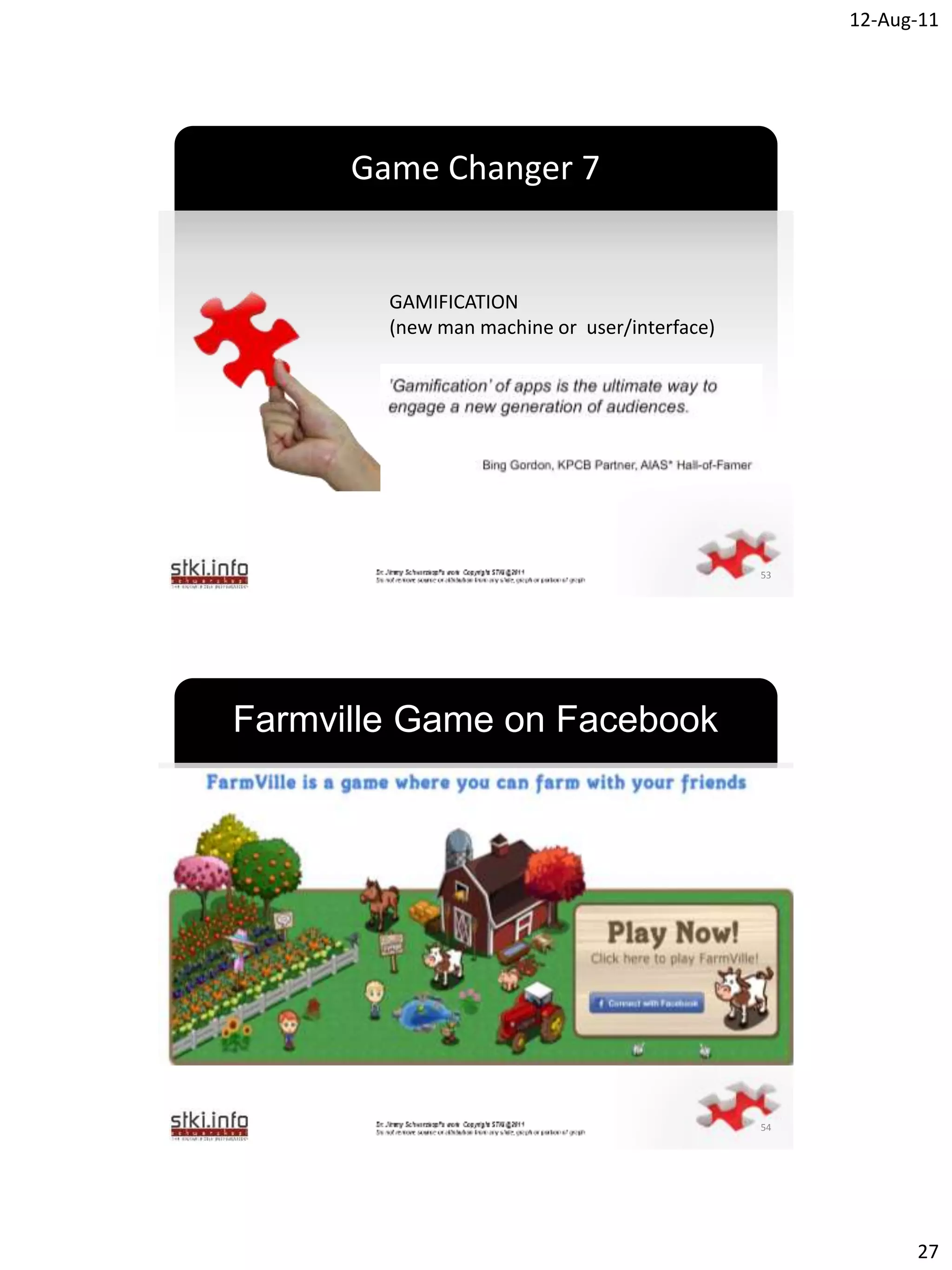 12-Aug-11




                Game Changer 7


                     GAMIFICATION
                     (new man machine or user/interface)

                              `




                                                           53




    Farmville Game on Facebook
• It’s free but you can buy goods to enhance the
  experience:
  – 1,200,000 tractors ‘sold’ every single day
• A team of 35 Developers release new virtual items
  into FarmVille twice a week
• 285 Million+ users without any advertising per day
                              `


• Parent company Zynga makes est. $2,500M / Year
  and has 1200+ employees



                                                           54




                                                                      27
 