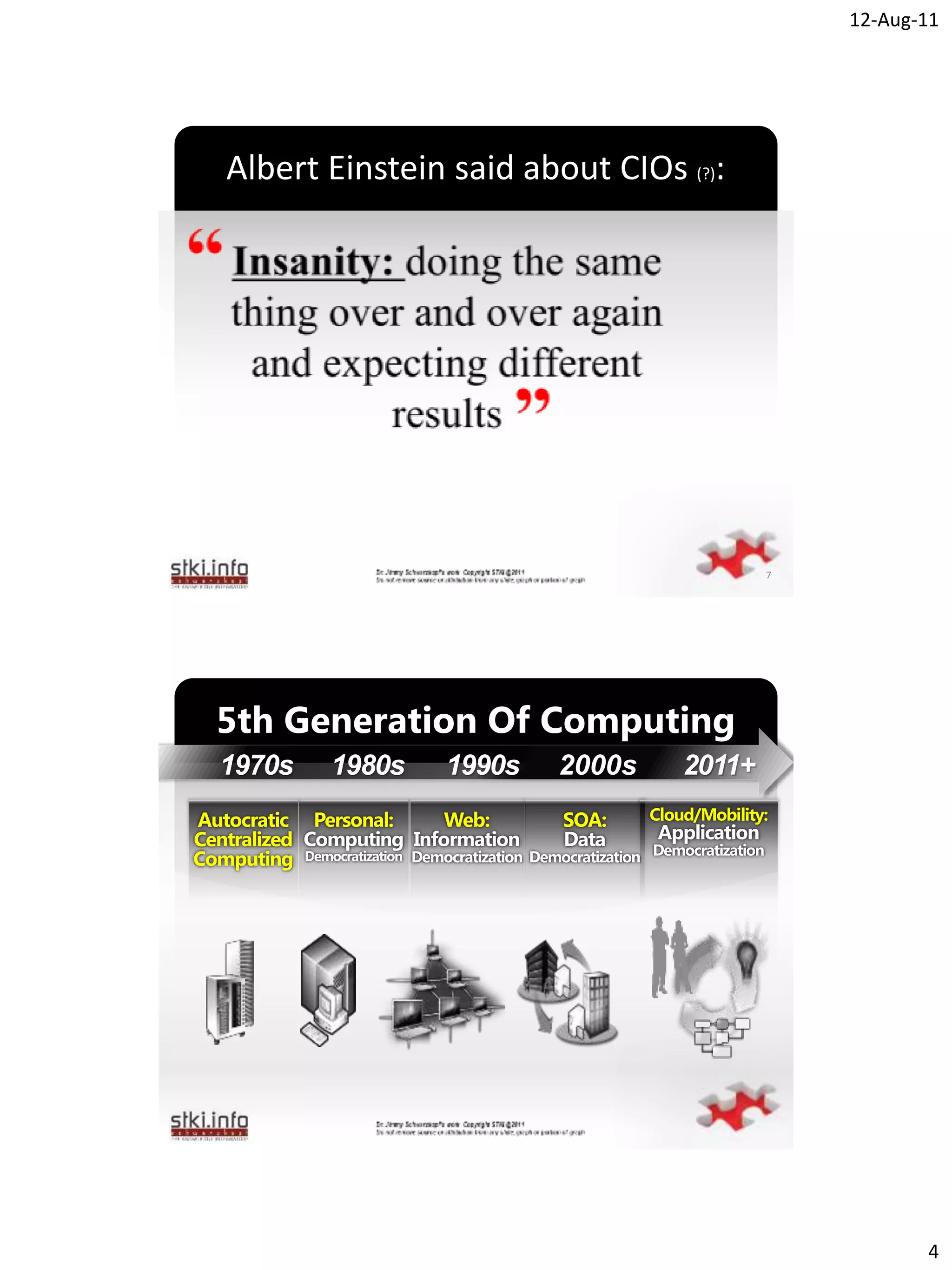 12-Aug-11




   Albert Einstein said about CIOs (?):




                         `




                                                     7




  5th Generation Of Computing
  1970s      1980s     1990s   2000s       2011+
Autocratic Personal:   Web:    SOA:    Cloud/Mobility:
Centralized
Computing


                         `




                                                                4
 