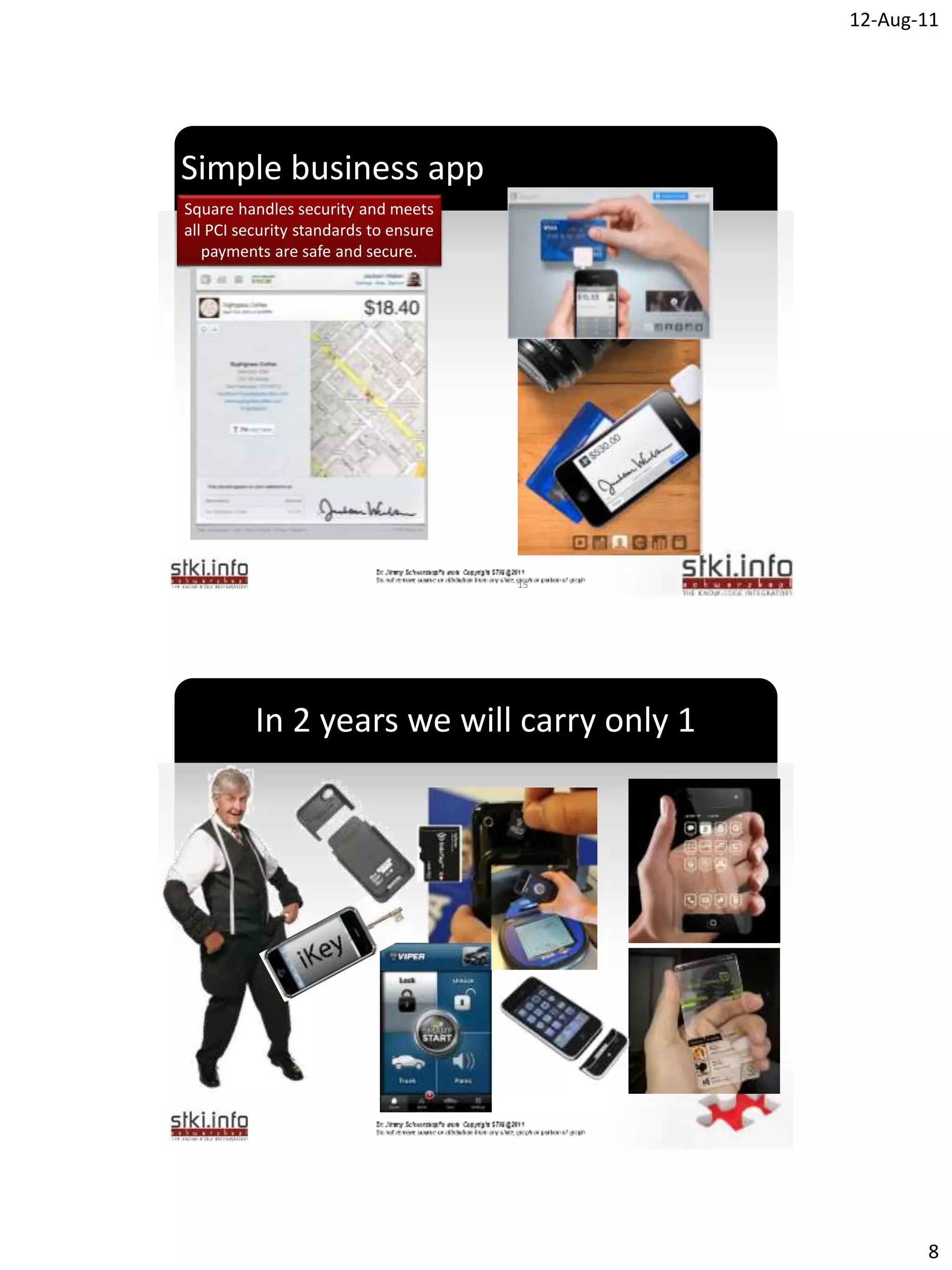 12-Aug-11




Simple business app
Square handles security and meets
all PCI security standards to ensure
   payments are safe and secure.




                                       `




                                           15




          In 2 years we will carry only 1




                                       `




                                                       8
 