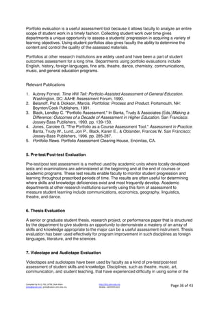 Compiled by Dr JJ, FSG, UiTM, Shah Alam
jjnita@gmail.com, jjnita@salam.uitm.edu.my
http://drjj.uitm.edu.my
Mobile: +60193551621 Page 36 of 43
Portfolio evaluation is a useful assessment tool because it allows faculty to analyze an entire
scope of student work in a timely fashion. Collecting student work over time gives
departments a unique opportunity to assess a students' progression in acquiring a variety of
learning objectives. Using student portfolios also gives faculty the ability to determine the
content and control the quality of the assessed materials.
Portfolios at other research institutions are widely used and have been a part of student
outcomes assessment for a long time. Departments using portfolio evaluations include
English, history, foreign languages, fine arts, theatre, dance, chemistry, communications,
music, and general education programs.
Relevant Publications
1. Aubrey Forrest. Time Will Tell: Portfolio-Assisted Assessment of General Education.
Washington, DC: AAHE Assessment Forum, 1990.
2. Belanoff, Pat & Dickson, Marcia. Portfolios: Process and Product. Portsmouth, NH:
Boynton/Cook Publishers, 1991.
3. Black, Lendley C. "Portfolio Assessment." In Banta, Trudy & Associates (Eds.)Making a
Difference: Outcomes of a Decade of Assessment in Higher Education. San Francisco:
Jossey-Bass Publishers, 1993. pp. 139-150.
4. Jones, Carolee G. "The Portfolio as a Course Assessment Tool." Assessment in Practice.
Banta, Trudy W., Lund, Jon P., Black, Karen E., & Oblander, Frances W. San Francisco:
Jossey-Bass Publishers, 1996. pp. 285-287.
5. Portfolio News. Portfolio Assessment Clearing House, Encinitas, CA.
5. Pre-test/Post-test Evaluation
Pre-test/post test assessment is a method used by academic units where locally developed
tests and examinations are administered at the beginning and at the end of courses or
academic programs. These test results enable faculty to monitor student progression and
learning throughout prescribed periods of time. The results are often useful for determining
where skills and knowledge deficiencies exist and most frequently develop. Academic
departments at other research institutions currently using this form of assessment to
measure student learning include communications, economics, geography, linguistics,
theatre, and dance.
6. Thesis Evaluation
A senior or graduate student thesis, research project, or performance paper that is structured
by the department to give students an opportunity to demonstrate a mastery of an array of
skills and knowledge appropriate to the major can be a useful assessment instrument. Thesis
evaluation has been used effectively for program improvement in such disciplines as foreign
languages, literature, and the sciences.
7. Videotape and Audiotape Evaluation
Videotapes and audiotapes have been used by faculty as a kind of pre-test/post-test
assessment of student skills and knowledge. Disciplines, such as theatre, music, art,
communication, and student teaching, that have experienced difficulty in using some of the
 