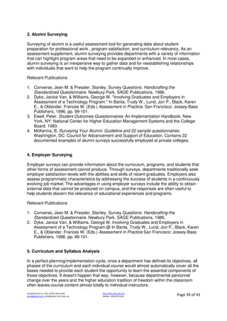 Compiled by Dr JJ, FSG, UiTM, Shah Alam
jjnita@gmail.com, jjnita@salam.uitm.edu.my
http://drjj.uitm.edu.my
Mobile: +60193551621 Page 39 of 43
3. Alumni Surveying
Surveying of alumni is a useful assessment tool for generating data about student
preparation for professional work , program satisfaction, and curriculum relevancy. As an
assessment supplement, alumni surveying provides departments with a variety of information
that can highlight program areas that need to be expanded or enhanced. In most cases,
alumni surveying is an inexpensive way to gather data and for reestablishing relationships
with individuals that want to help the program continually improve.
Relevant Publications
1. Converse, Jean M. & Pressler, Stanley. Survey Questions: Handcrafting the
Standardized Questionnaire. Newbury Park. SAGE Publications. 1986.
2. Dyke, Janice Van, & Williams, George W. "Involving Graduates and Employers in
Assessment of a Technology Program." In Banta, Trudy W., Lund, Jon P., Black, Karen
E., & Oblander, Frances W. (Eds.) Assessment in Practice. San Francisco: Jossey-Bass
Publishers, 1996. pp. 99-101.
3. Ewell, Peter. Student Outcomes Questionnaires: An Implementation Handbook. New
York, NY: National Center for Higher Education Management Systems and the College
Board. 1983.
4. McKenna, B. Surveying Your Alumni: Guideline and 22 sample questionnaires.
Washington, DC: Council for Advancement and Support of Education. Contains 22
documented examples of alumni surveys successfully employed at private colleges.
4. Employer Surveying
Employer surveys can provide information about the curriculum, programs, and students that
other forms of assessment cannot produce. Through surveys, departments traditionally seek
employer satisfaction levels with the abilities and skills of recent graduates. Employers also
assess programmatic characteristics by addressing the success of students in a continuously
evolving job market. The advantages in using employer surveys include the ability to obtain
external data that cannot be produced on campus, and the responses are often useful to
help students discern the relevance of educational experiences and programs.
Relevant Publications
1. Converse, Jean M. & Pressler, Stanley. Survey Questions: Handcrafting the
Standardized Questionnaire. Newbury Park. SAGE Publications. 1986.
2. Dyke, Janice Van, & Williams, George W. Involving Graduates and Employers in
Assessment of a Technology Program.@ In Banta, Trudy W., Lund, Jon P., Black, Karen
E., & Oblander, Frances W. (Eds.) Assessment in Practice San Francisco: Jossey-Bass
Publishers, 1996. pp. 99-101.
5. Curriculum and Syllabus Analysis
In a perfect planning/implementation cycle, once a department has defined its objectives, all
phases of the curriculum and each individual course would almost automatically cover all the
bases needed to provide each student the opportunity to learn the essential components of
those objectives. It doesn't happen that way, however, because departmental personnel
change over the years and the higher education tradition of freedom within the classroom
often leaves course content almost totally to individual instructors.
 