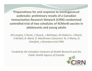 Preparedness for and response to meningococcal
outbreaks: preliminary results of a Canadian
Immunization Research Network (CIRN) randomized
controlled trial of two schedules of 4CMenB vaccine in
adolescents and young adults
JM Langley, S Gantt, C Quach,, J Bettinger, SA Halperin, J Mutch,
S McNeil, B. Ward, D. MacKinnon-CameronL Ye, K Marty, D.
Scheifele, J Alcantara and CIRN
Funded by the Canadian Institutes of Health Research and the
Public Health Agency of Canada
 