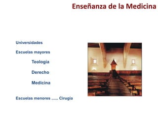 Enseñanza de la Medicina
Universidades
Escuelas mayores
Teología
Derecho
Medicina
Escuelas menores ...... Cirugía
 