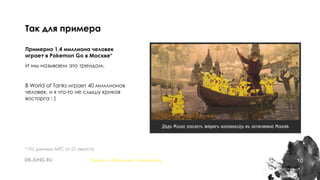 10
Примерно 1,4 миллиона человек
играет в Pokemon Go в Москве*
И мы называем это трендом.
В World of Tanks играет 40 миллионов
человек, и я что-то не слышу криков
восторга ; )
Так для примера
Понять и обналичить покемонов
* По данным МТС от 01 августа
 