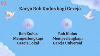 Roh Kudus
Memperlengkapi
Gereja Lokal
Roh Kudus
Memperlengkapi
Gereja Universal
Karya Roh Kudus bagi Gereja
03
A B
 