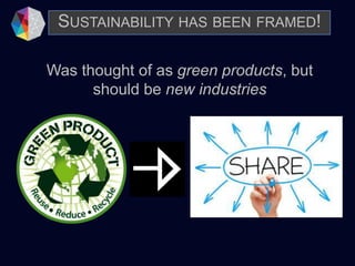 Was thought of as green products, but
should be new industries
SUSTAINABILITY HAS BEEN FRAMED!
 